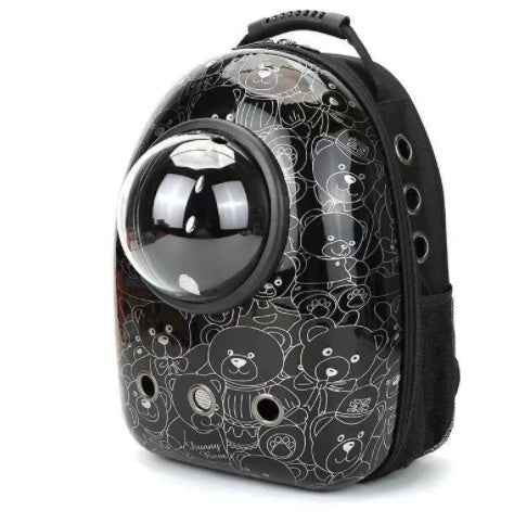 Pet Zen space bag pet backpack with bubble dome and teddy bear print, black on Tampa Home & Garden Store