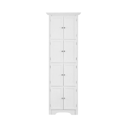 Tall white storage cabinet with doors and 4 shelves, beadboard paneled doors, chrome knobs on Tampa Home & Garden Store