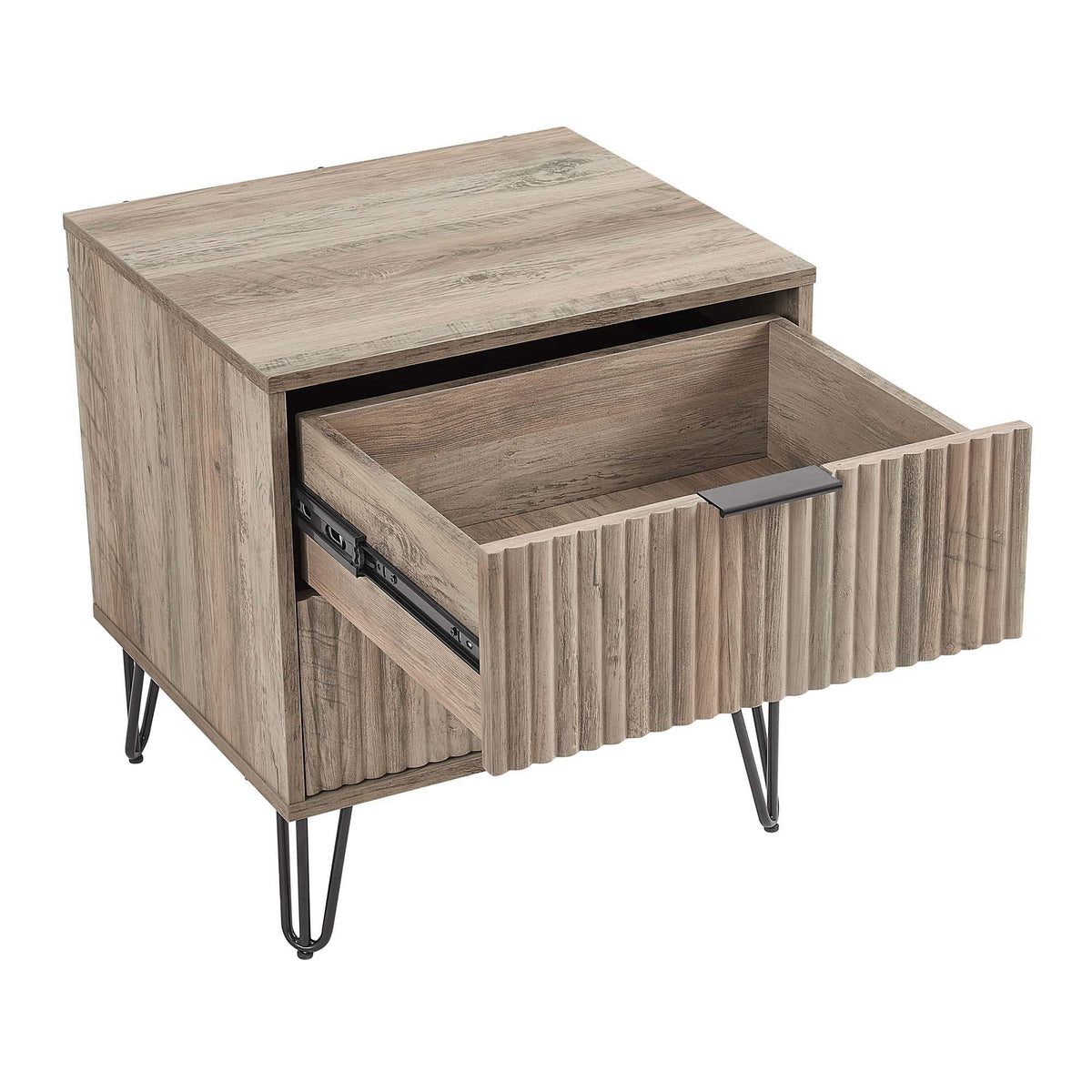 Dumbo Nightstand with 2 drawers in weathered wood finish, fluted fronts, black hairpin legs on Tampa Home & Garden Store