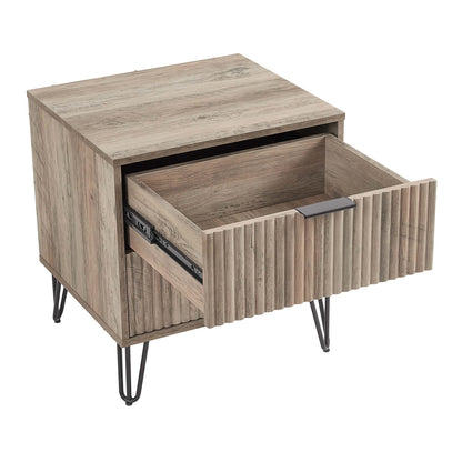 Dumbo Nightstand with 2 drawers in weathered wood finish, fluted fronts, black hairpin legs on Tampa Home & Garden Store