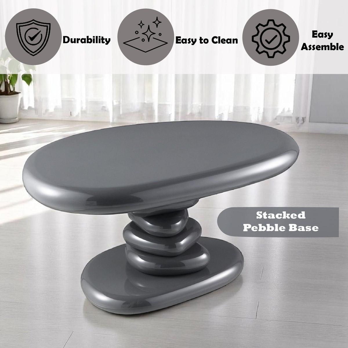 Dark gray end table Charlene with high gloss finish and stacked pebble base by HouseOfZazla on Tampa Home & Garden Store