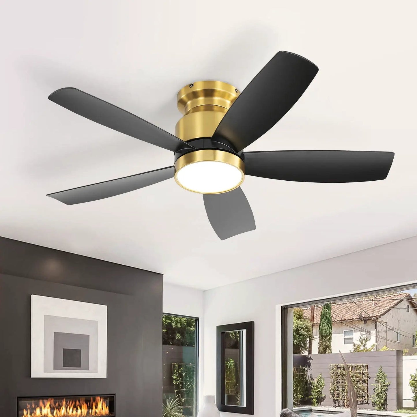 Flush Mount Ceiling Fan by Unique Piece Furniture with LED light brass body black blades on Tampa Home & Garden Store