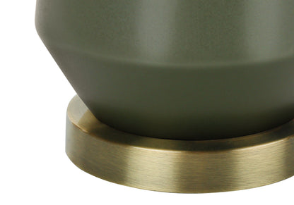 Contemporary green ceramic table lamp with brass base, close-up view on Tampa Home & Garden Store