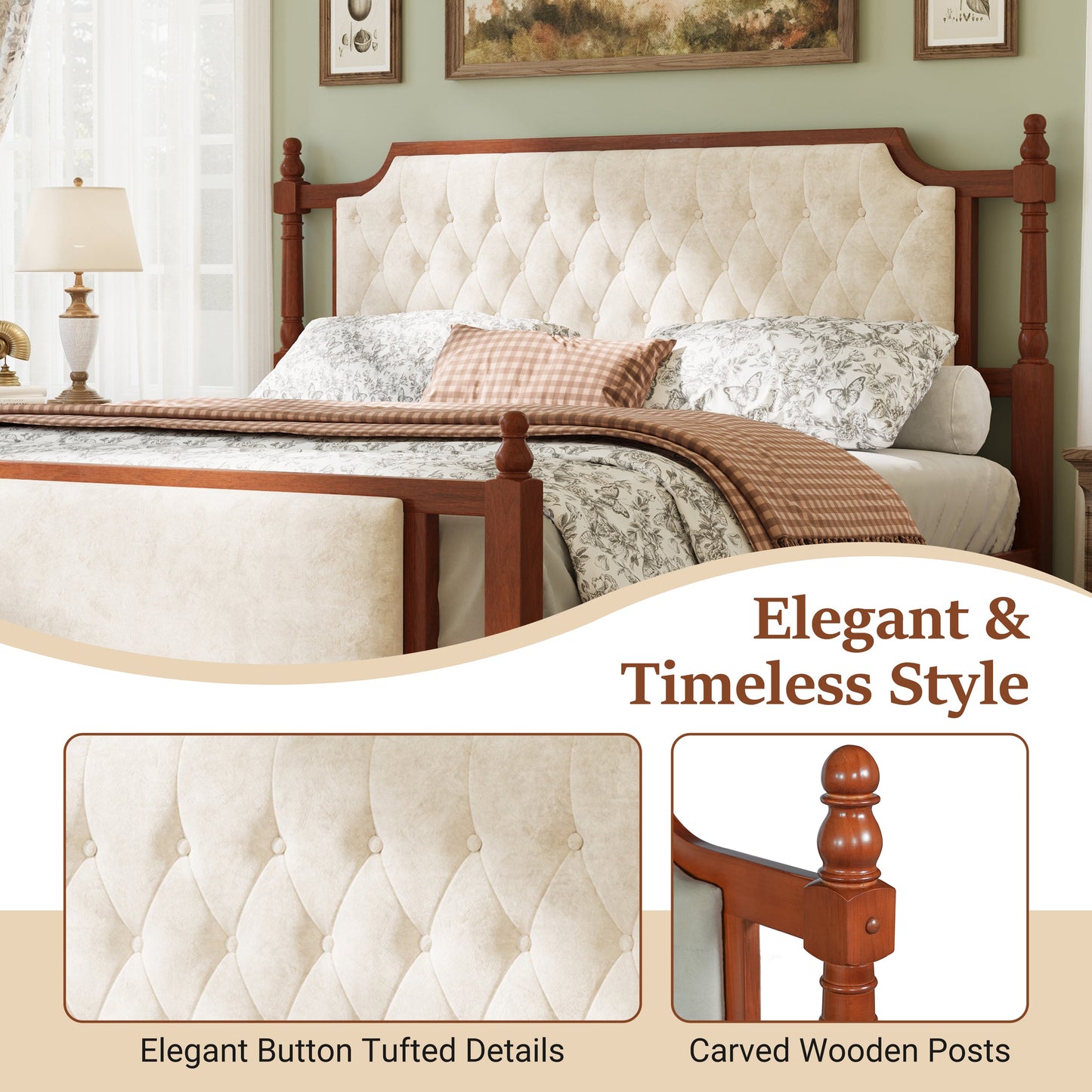 King Size Upholstered Platform Bed with Button Tufted Beige Headboard and Carved Wooden Posts on Tampa Home & Garden Store