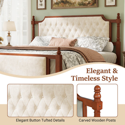 King Size Upholstered Platform Bed with Button Tufted Beige Headboard and Carved Wooden Posts on Tampa Home & Garden Store