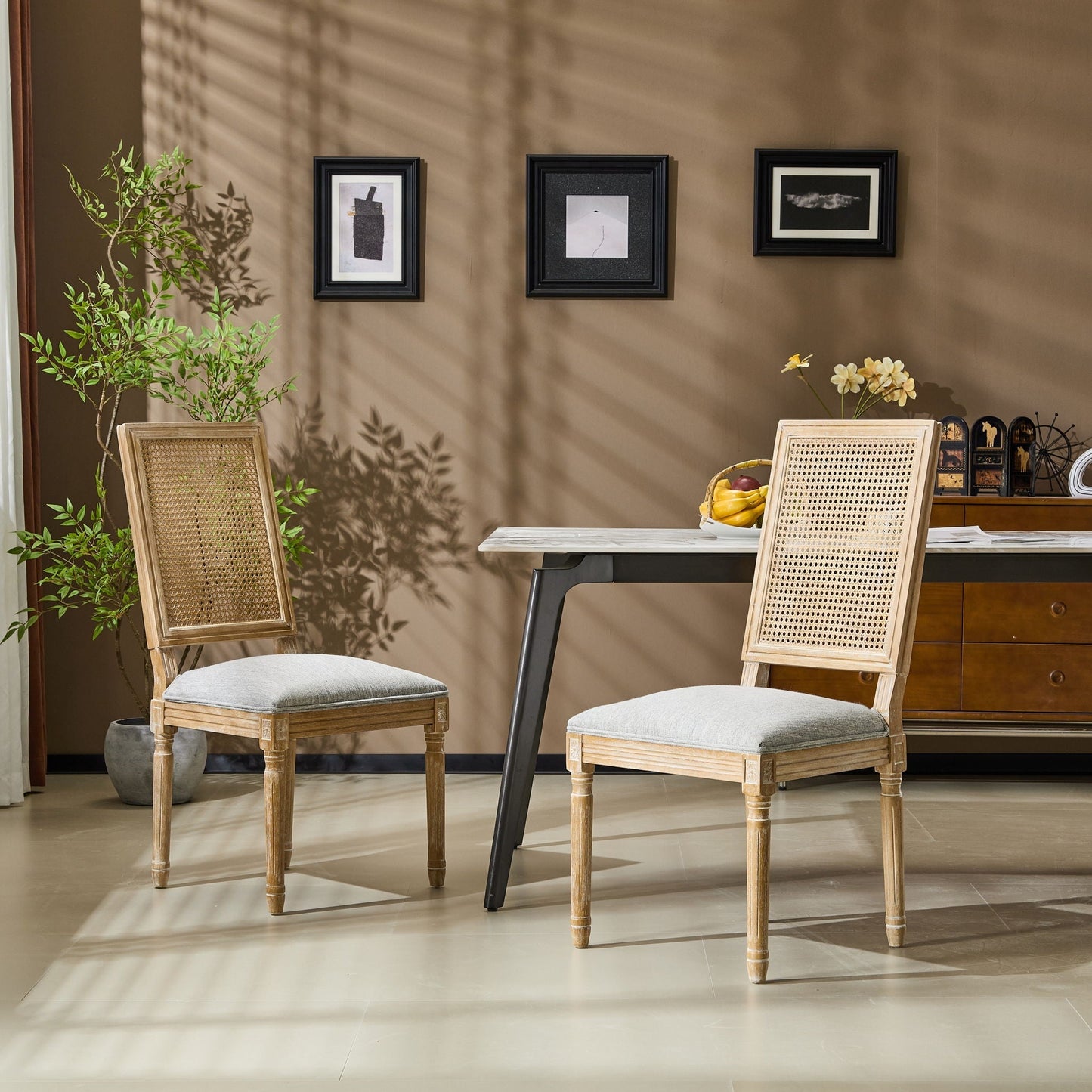 French Country dining chairs with rectangular cane backrests and upholstered seats, pair on Tampa Home & Garden Store