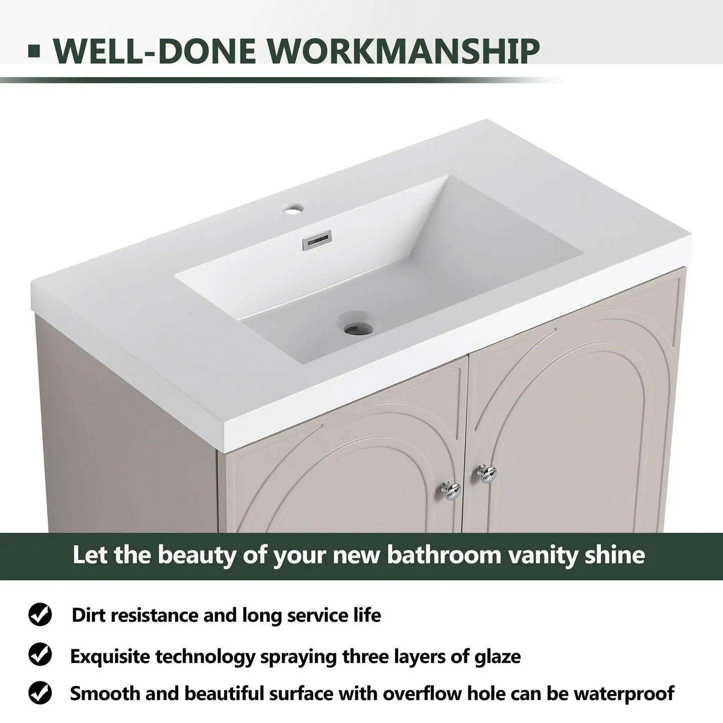 Contemporary freestanding bathroom vanity with white resin sink and soft-close doors on Tampa Home & Garden Store