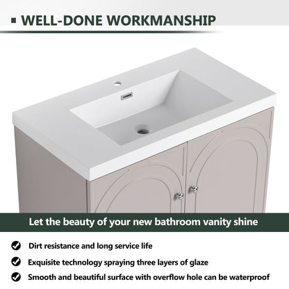 Freestanding bath vanity with resin sink and door, white top and light gray cabinet with curved panel doors on Tampa Home & Garden Store