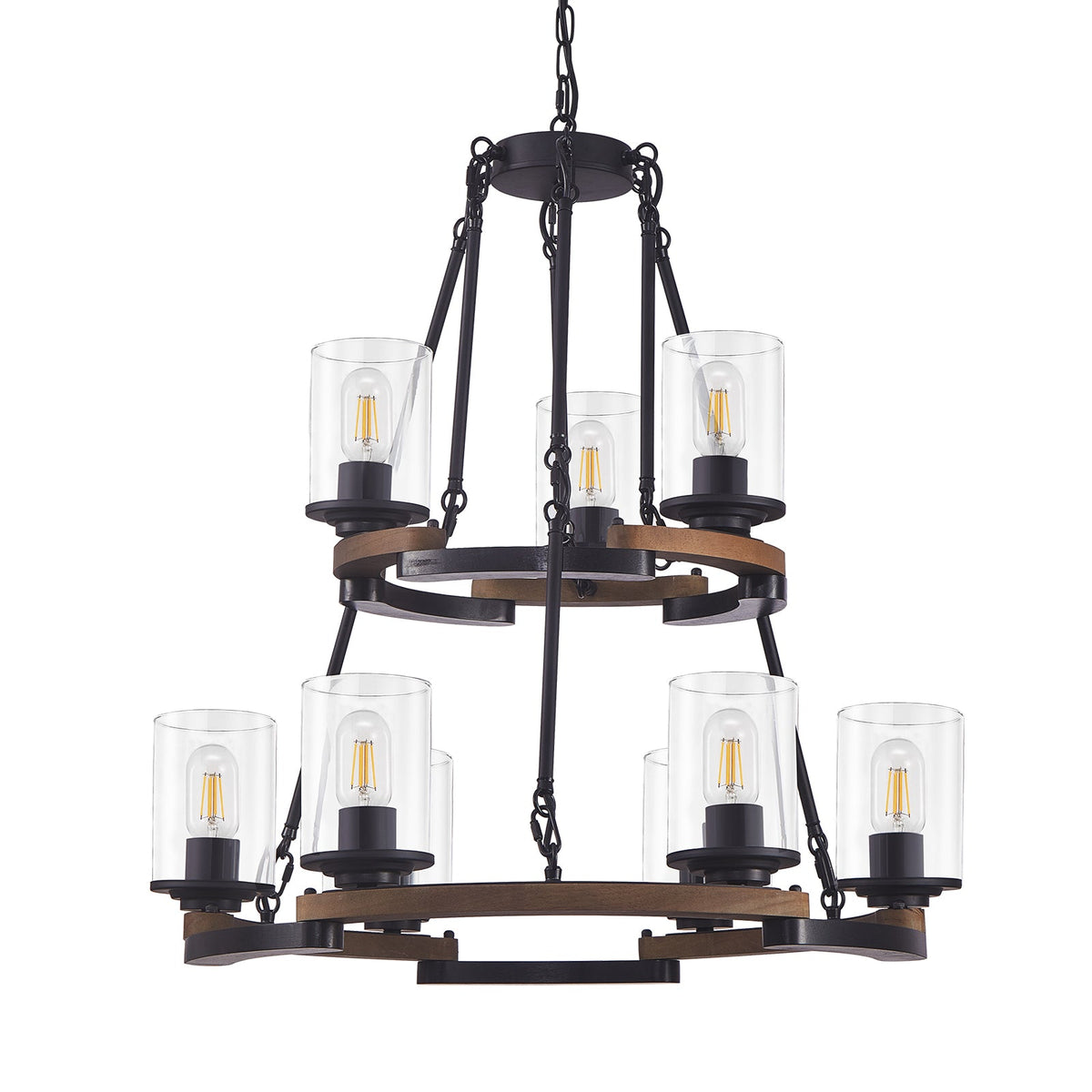 9-light vintage wagon wheel chandelier with black metal frame and wood accents, glass shades on Tampa Home & Garden Store