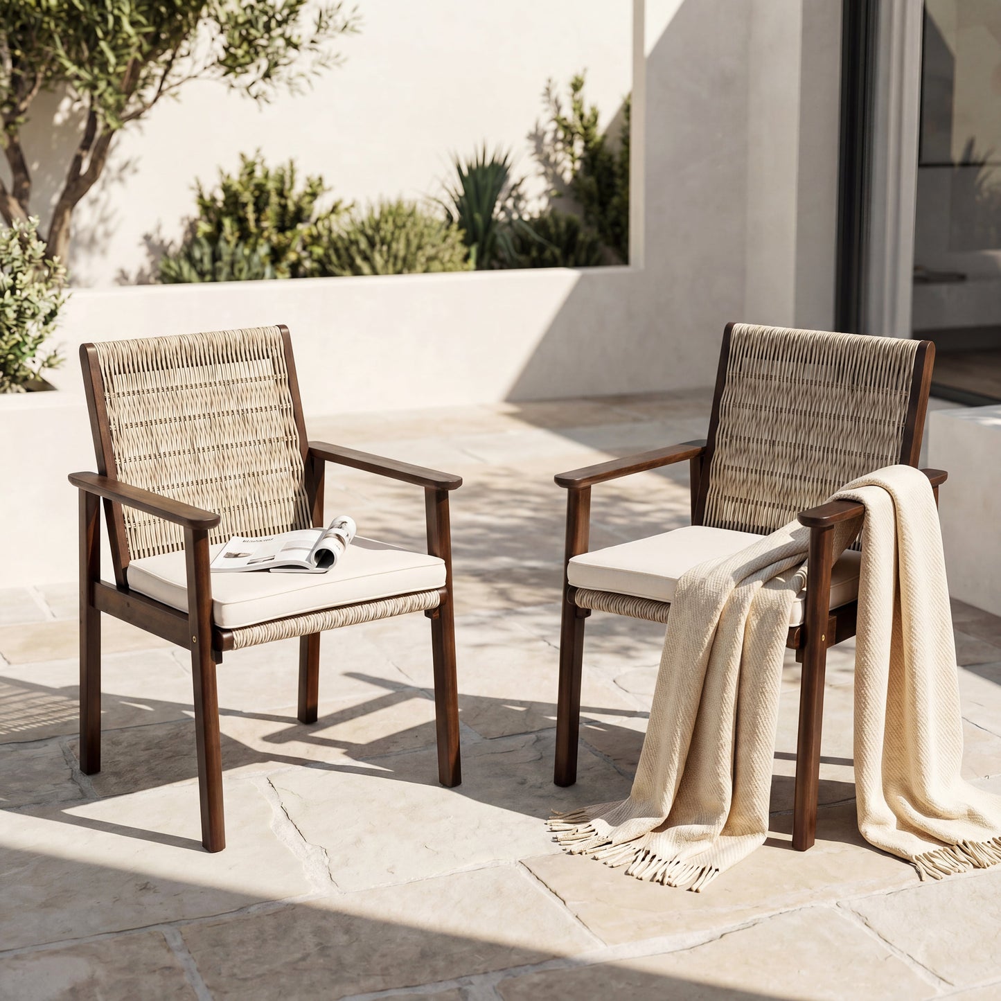 Two Outdoor Dining Chairs With Acacia And Wicker