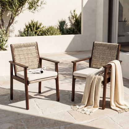 Two Outdoor Dining Chairs With Acacia And Wicker