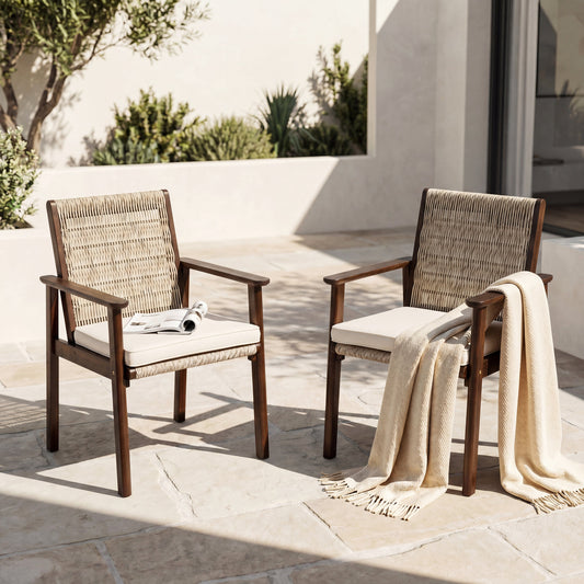 Two Outdoor Dining Chairs With Acacia And Wicker