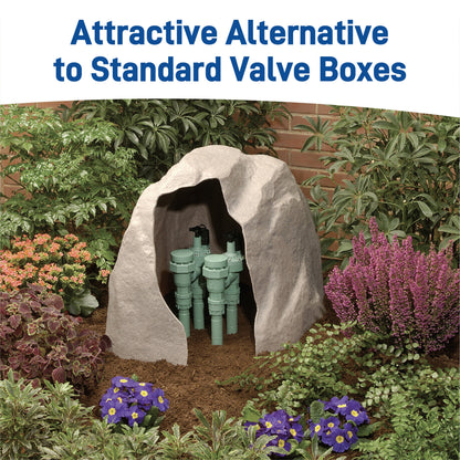 Sandstone Rock Valve Box Cover 53017 over green Orbit Irrigation underground valve assembly on Tampa Home & Garden Store