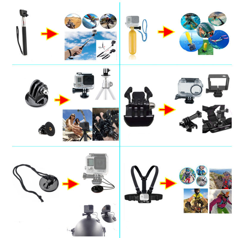 Sports camera accessories set with mounts, case, and selfie stick for action cameras on Tampa Home & Garden Store
