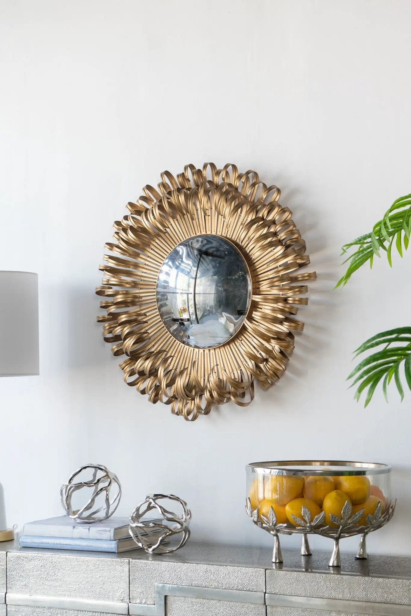 Gold sunburst design wall mirror by Unique Piece Furniture for entryway or modern living room on Tampa Home & Garden Store