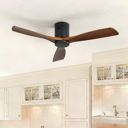 Low-profile ceiling fan with 3 wood blades and black motor housing, DC motor, remote control on Tampa Home & Garden Store