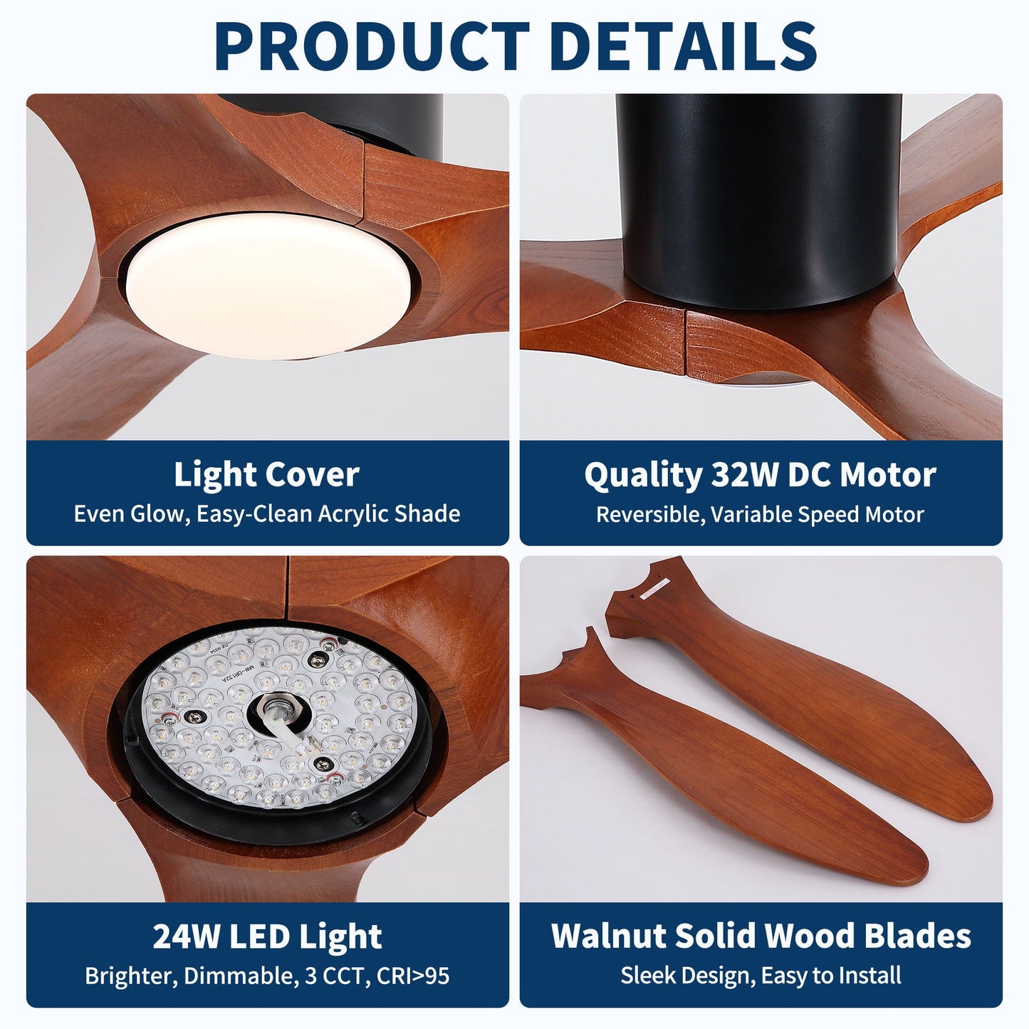 Low-profile flush-mount ceiling fan with light in matte black, walnut blades, 24W LED on Tampa Home & Garden Store