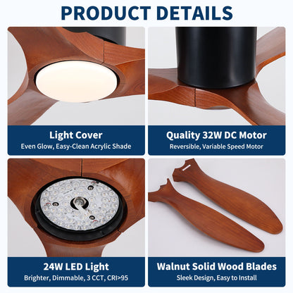 Low-profile flush-mount ceiling fan with light in matte black, walnut blades, 24W LED on Tampa Home & Garden Store