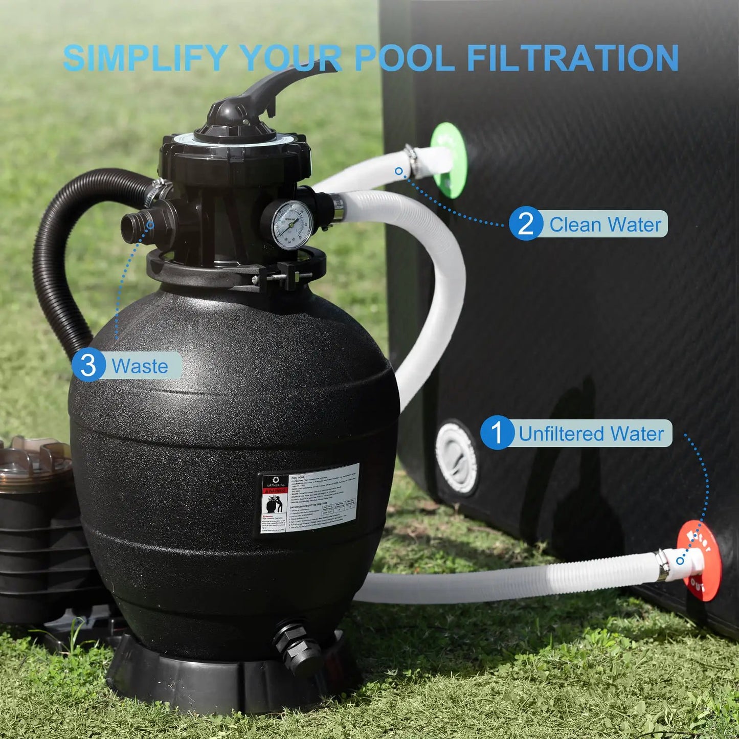 AquaMind AM13 sand filter pump for pools by Airthereal, black filtration unit with gauge on Tampa Home & Garden Store