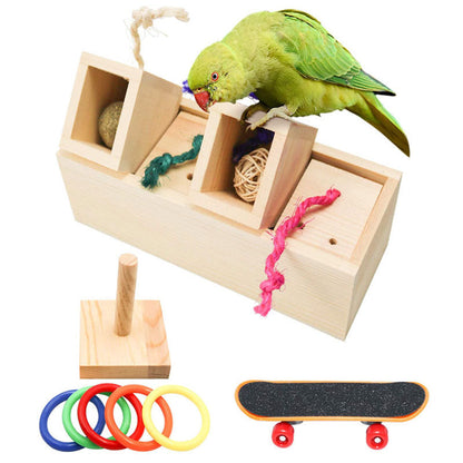 Parrot puzzle training toy set with wooden blocks, rope toys, colorful rings, and mini skateboard on Tampa Home & Garden Store