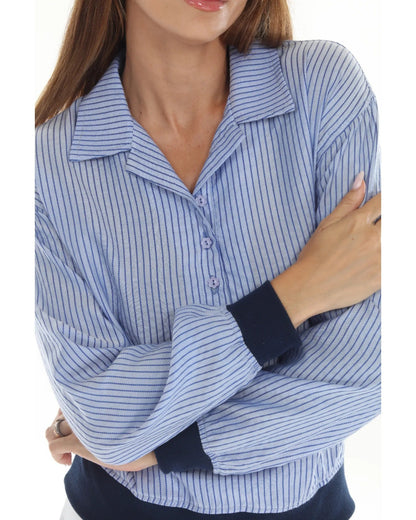 SUNDAE Women's Blouse Blueberry striped by BellEq with collared neck and navy cuffs on Tampa Home & Garden Store
