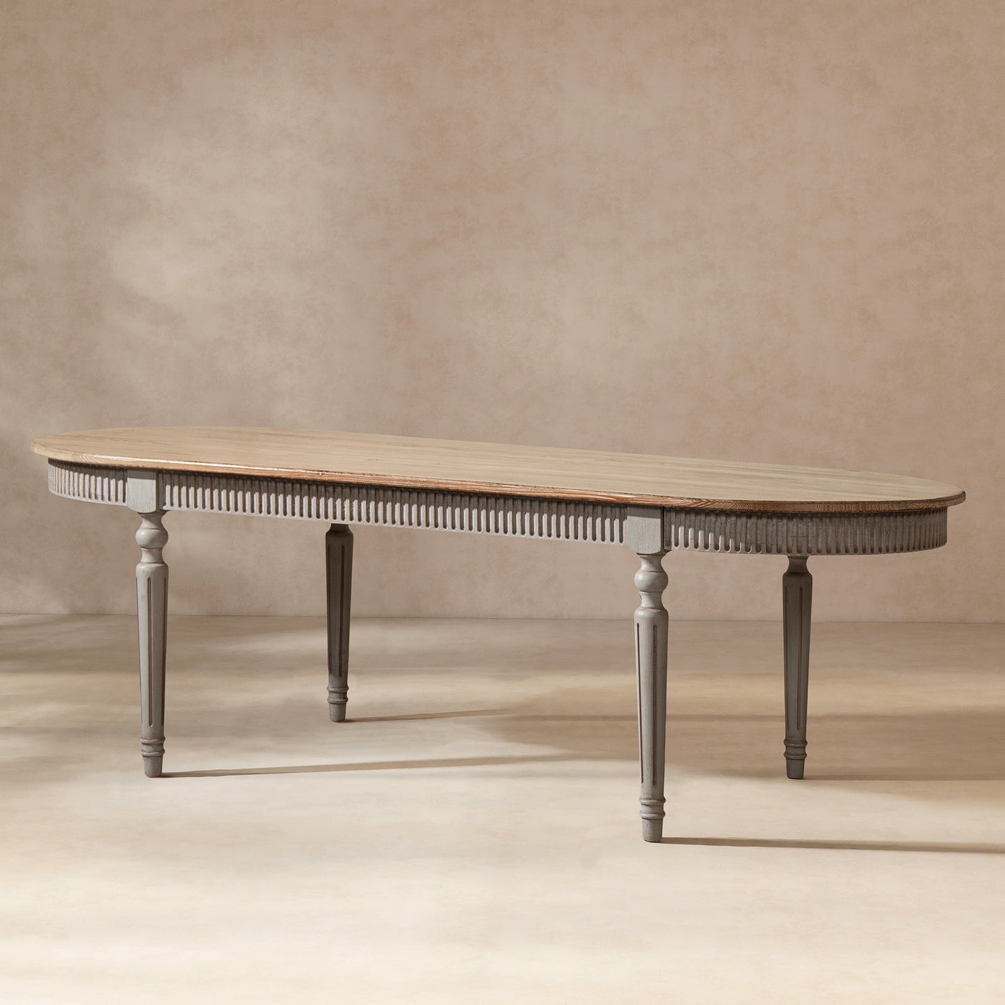Colette 94' reclaimed wood oval dining table, light finish, carved apron legs HouseOfZazla on Tampa Home & Garden Store