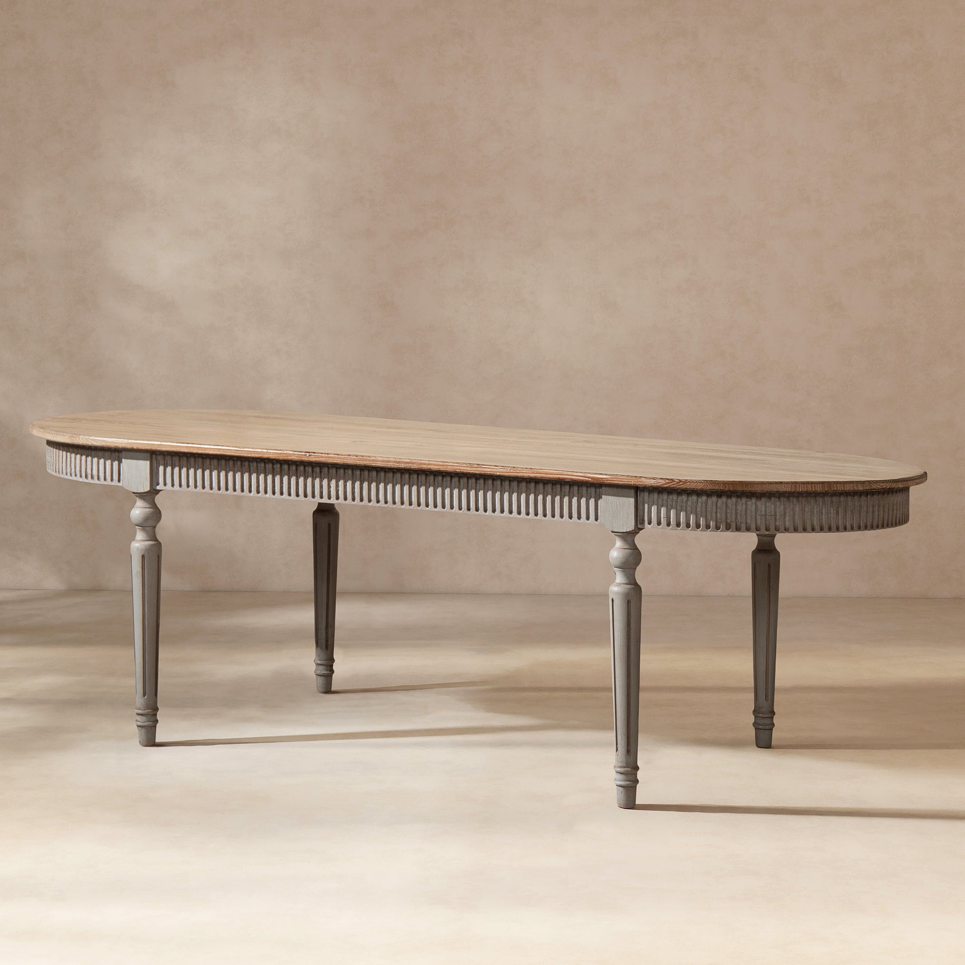 Colette 94' reclaimed wood oval dining table, light finish, carved apron legs HouseOfZazla on Tampa Home & Garden Store