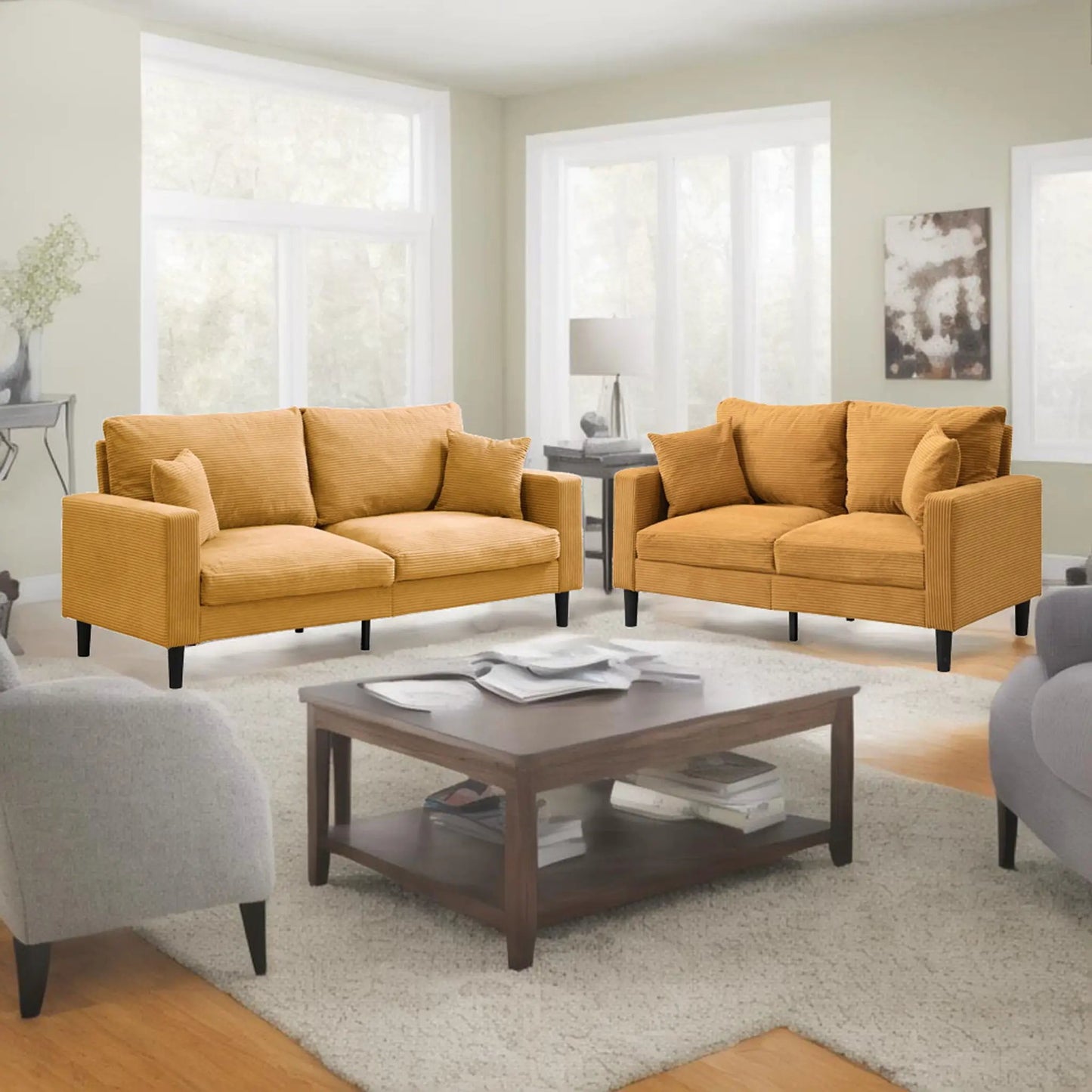 Modern upholstered 3-seat and 2-seat sofa set in orange corduroy by Unique Piece Furniture on Tampa Home & Garden Store