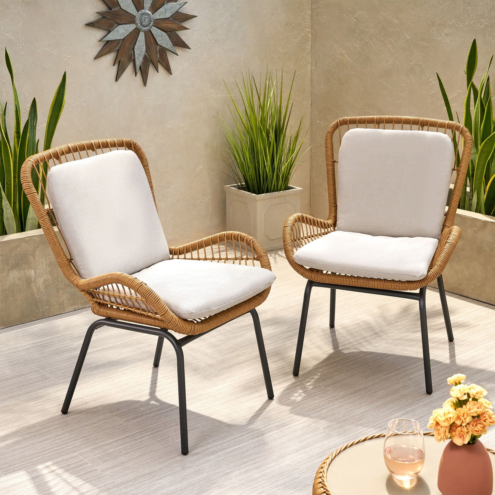 Outdoor wicker club chairs set of 2 with beige cushions HouseOfZazla on Tampa Home & Garden Store
