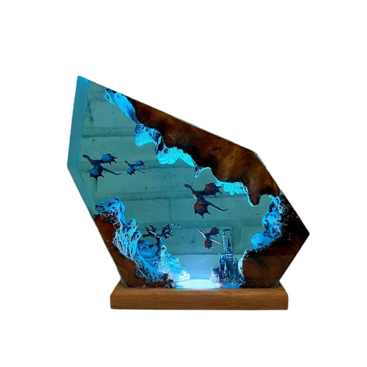 Fire Dragon and Ice Dragon resin desk lamp with blue glow and dragon cave scene, wooden base on Tampa Home & Garden Store