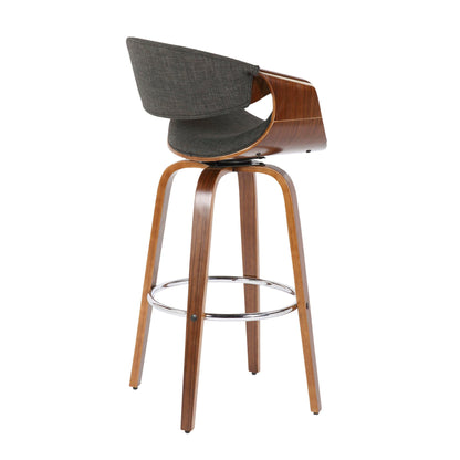 Mid-Century Modern swivel barstool with walnut curved frame, dark gray fabric upholstery, chrome foot ring on Tampa Home & Garden Store