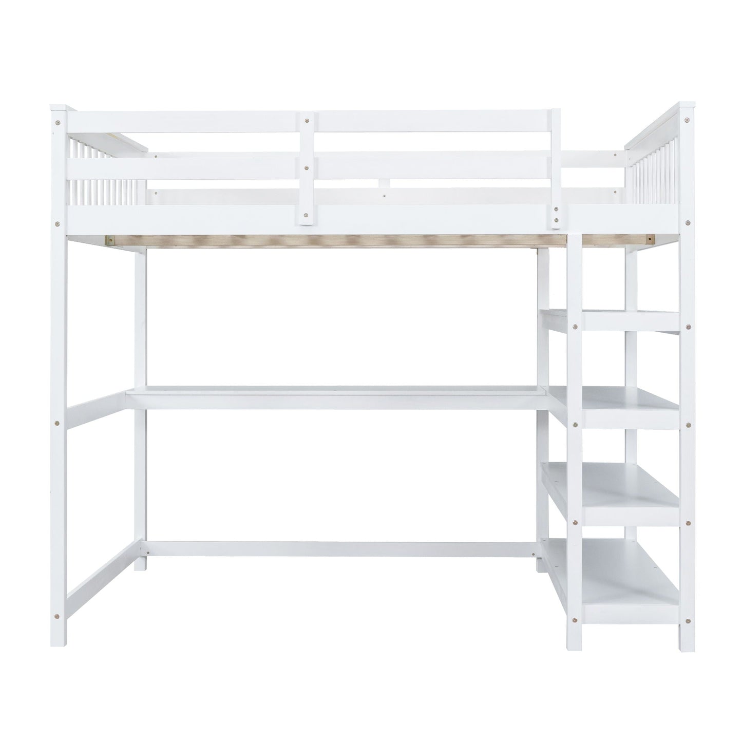 Loft bed with storage shelves and under-bed desk in white finish on Tampa Home & Garden Store