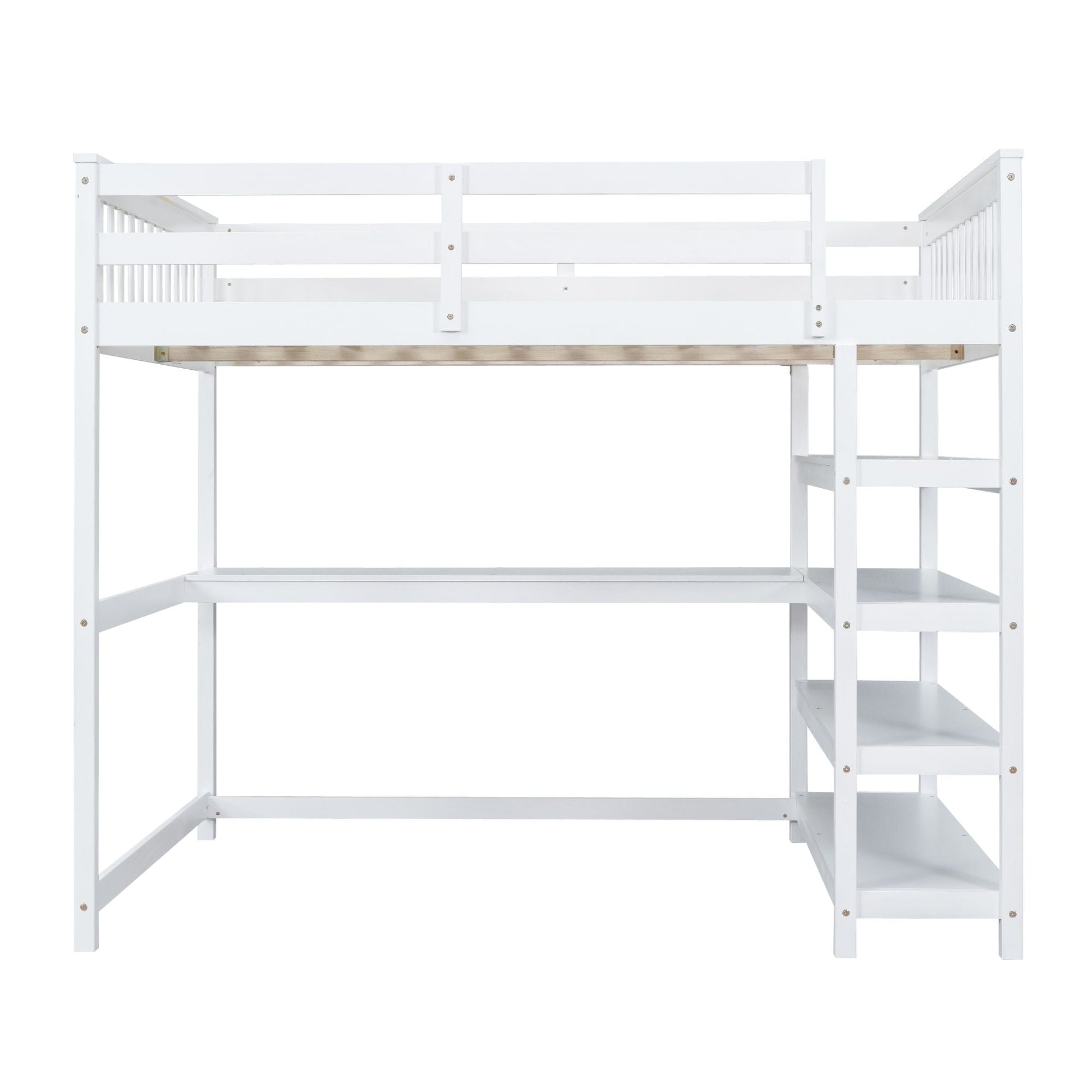 Loft bed with storage shelves and under-bed desk in white finish on Tampa Home & Garden Store