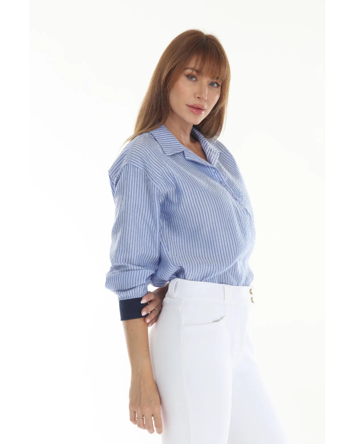 SUNDAE Women's Blouse Blueberry striped collared shirt by BellEq Equestrian Apparel on Tampa Home & Garden Store