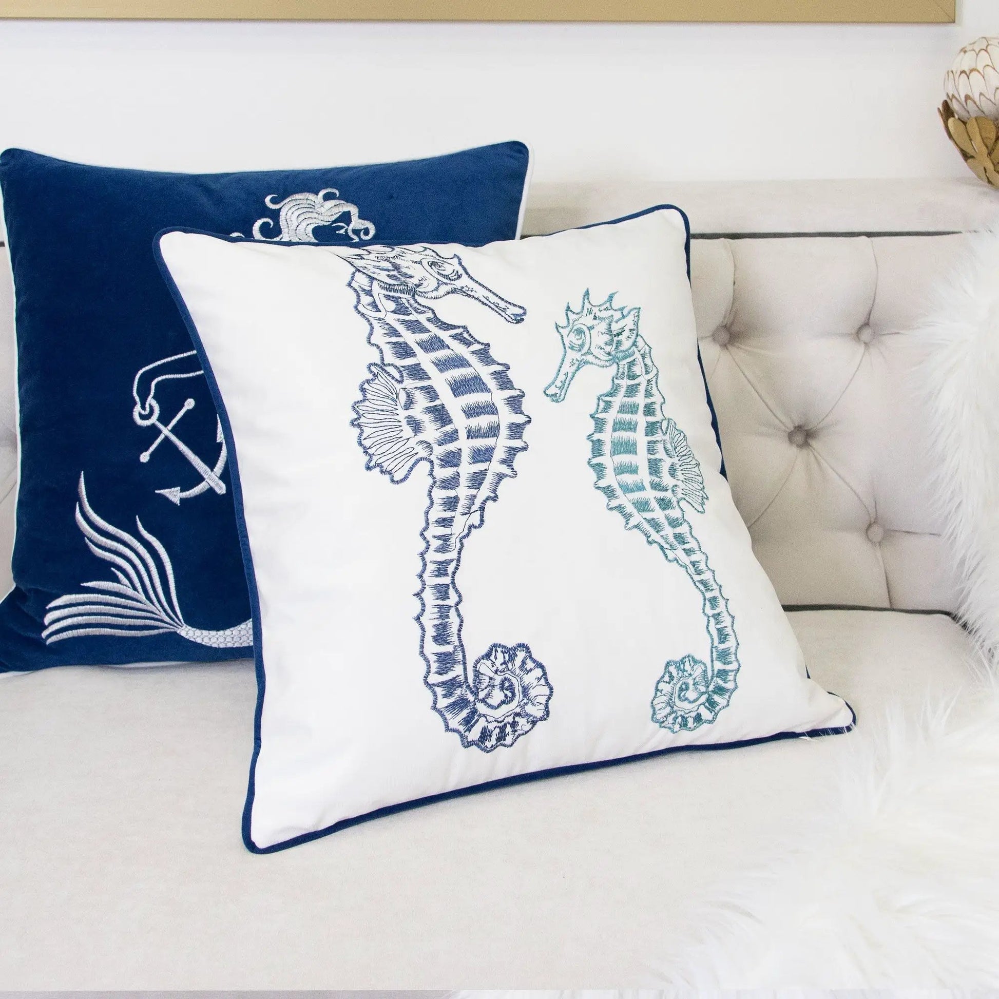 Seahorses Pillow Cover With Matching Back, white with teal seahorse embroidery, reverse, 2 pc on Tampa Home & Garden Store