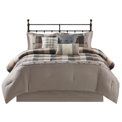 7 Piece Herringbone Comforter Set Neutral Queen HouseOfZazla, taupe bedding on a metal bed on Tampa Home & Garden Store