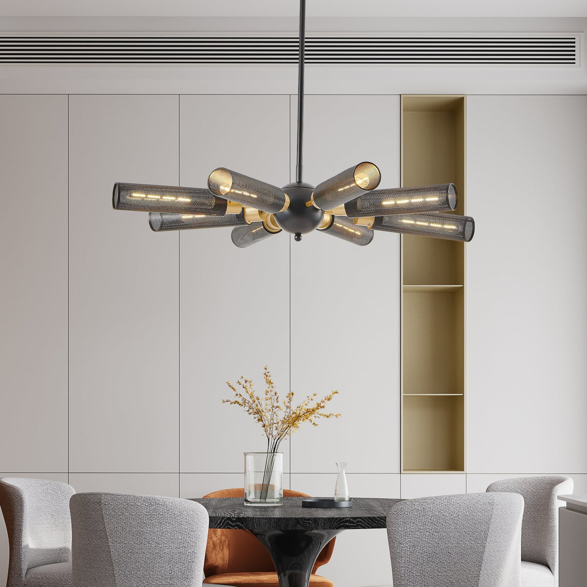 34' Modern Industrial Sputnik 8-Light Chandelier by HouseOfZazla with black mesh shades on Tampa Home & Garden Store