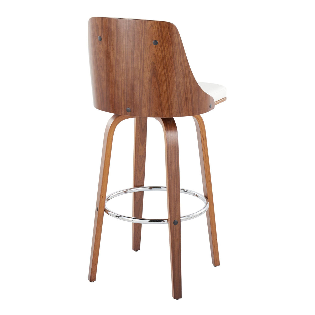 Mid-Century Modern swivel barstool with wood back and white cushioned seat, chrome footring on Tampa Home & Garden Store