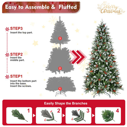 7.5-Foot Snow-Tipped Woodland Christmas Tree with snow-dusted green branches and red berries on Tampa Home & Garden Store