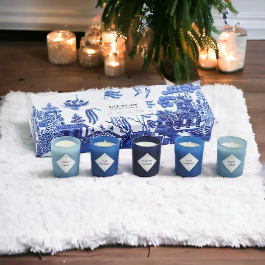 Mediterranean Candle Gift Set by Gia Roma; five blue glass candles in a Blue Willow patterned box on Tampa Home & Garden Store