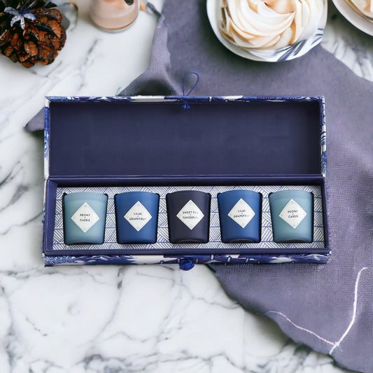 Mediterranean Candle Gift Set by Gia Roma, five blue-toned candles in a patterned navy box on Tampa Home & Garden Store