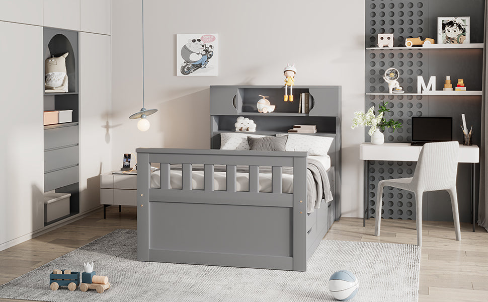 Twin Size Captain Platform Bed Frame with Storage Bookcases and Shelves,Four Drawers, Gray - Tampa Home & Garden Store