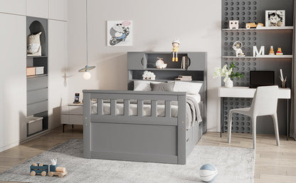 Twin Size Captain Platform Bed Frame with Storage Bookcases and Shelves,Four Drawers, Gray - Tampa Home & Garden Store