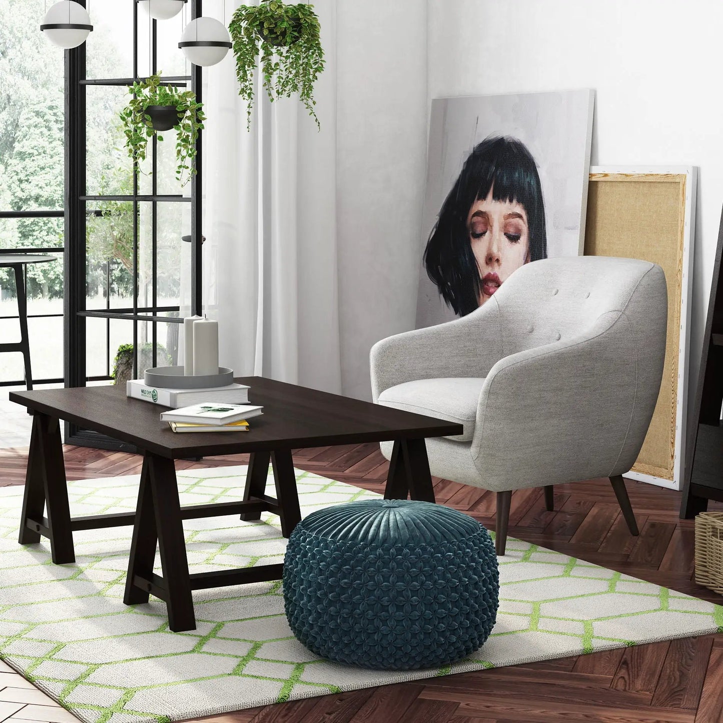 Renee - Handcrafted Round Pouf, teal knitted accent by Unique Piece Furniture on Tampa Home & Garden Store