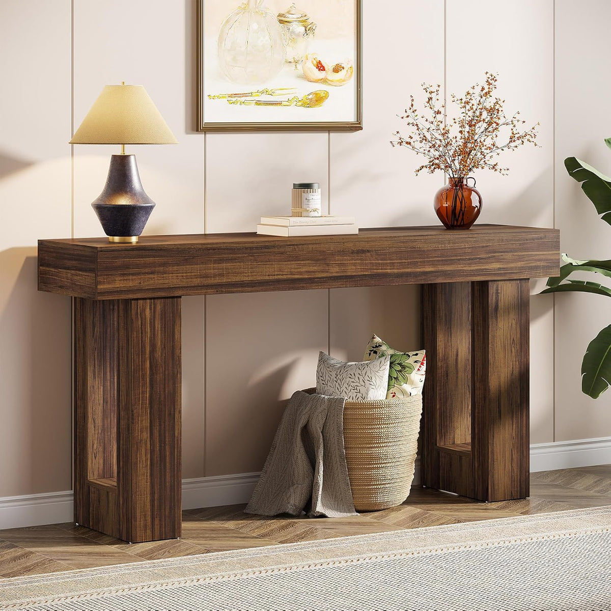 Extra Long Narrow Console Table in dark brown wood with open storage shelf on Tampa Home & Garden Store