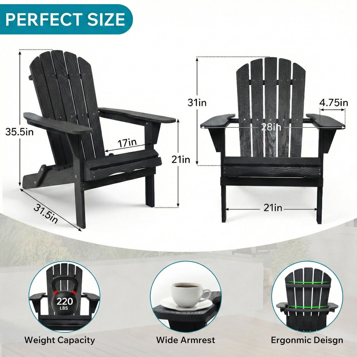 Folding Adirondack Lounge Chairs with embossed grain texture, dark black wood, HouseOfZazla on Tampa Home & Garden Store