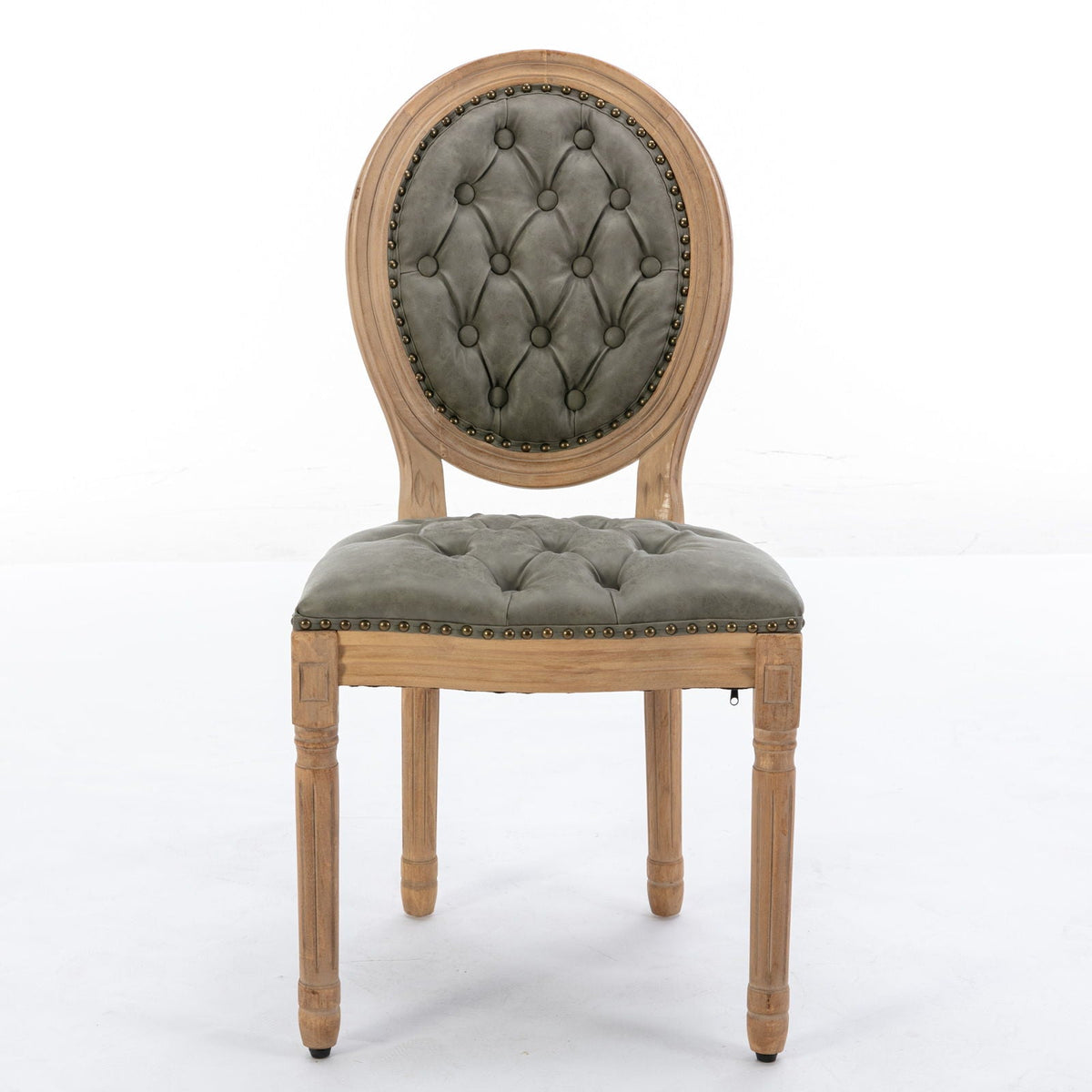 French Style Solid Wood Dining Chair with Nailhead Trim, gray-green tufted upholstery on Tampa Home & Garden Store