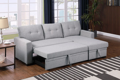 Upholstered pull-out sleeper sectional sofa with chaise in gray fabric, tufted cushions on Tampa Home & Garden Store