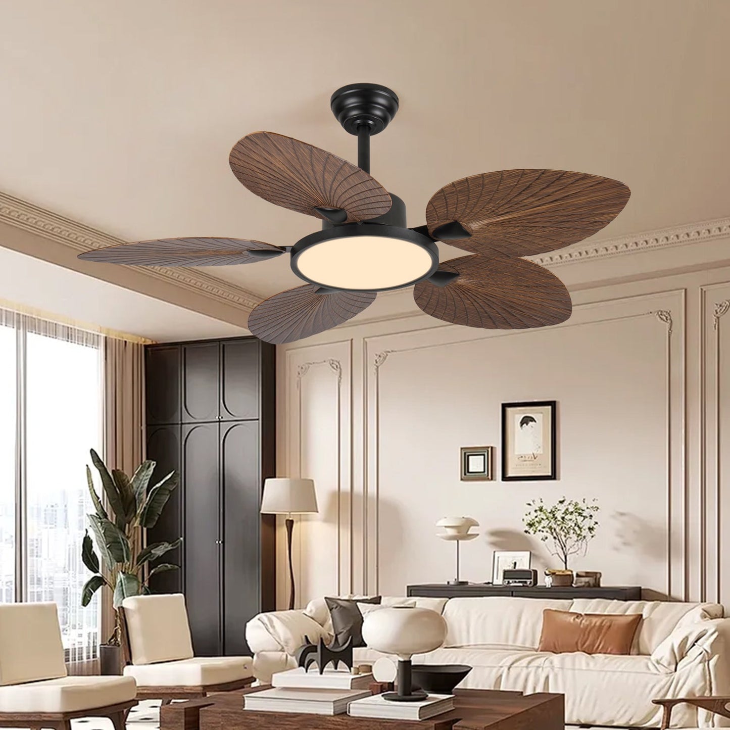 HouseOfZazla 52-Inch tropical palm leaf ceiling fan with lights and remote control, brown palm leaf blades on Tampa Home & Garden Store