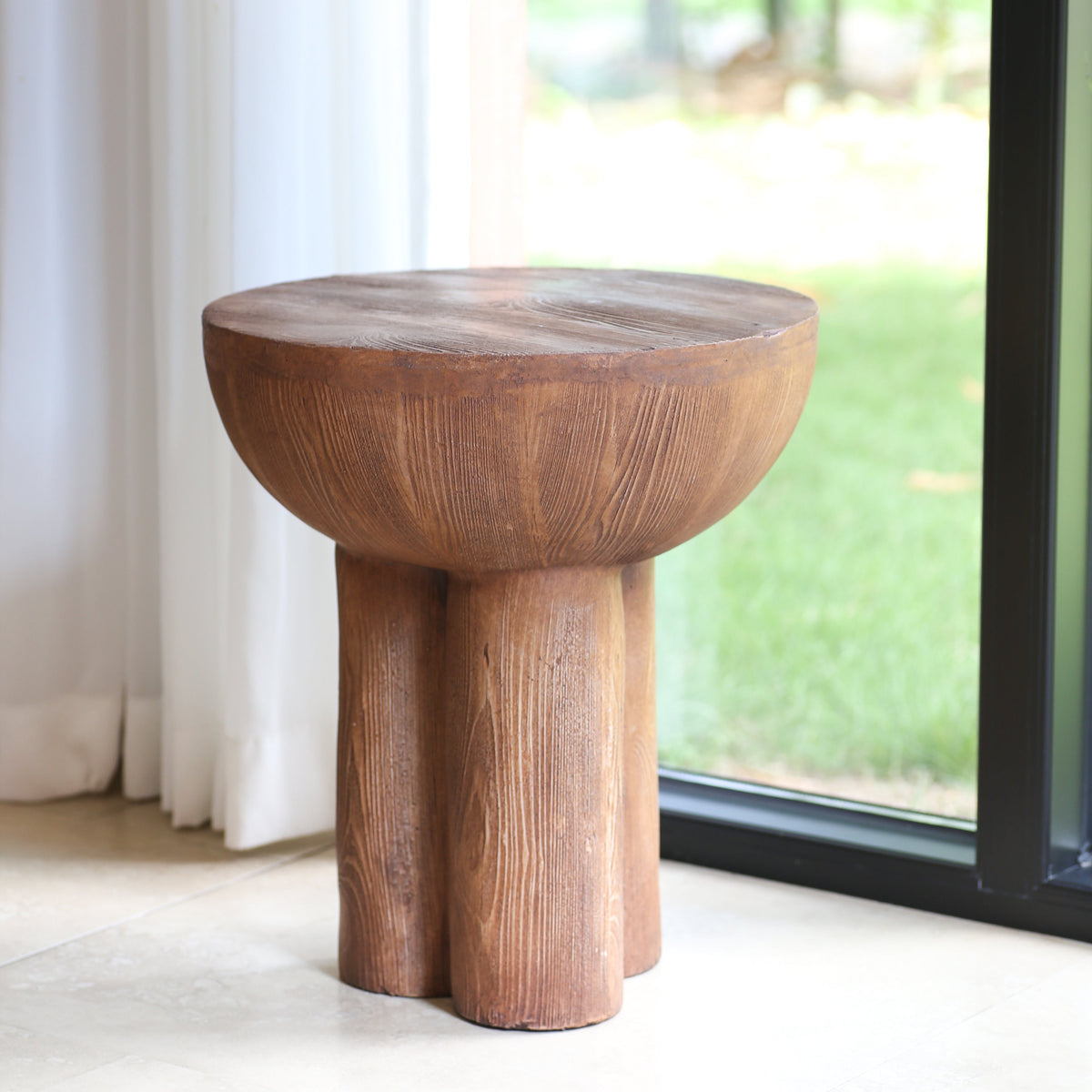 Iris outdoor patio three-legged wood-grain side table natural brown wood finish HouseOfZazla on Tampa Home & Garden Store